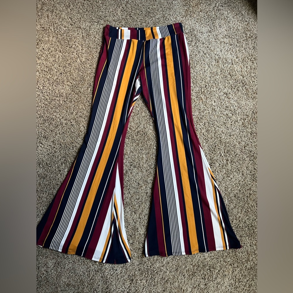 Flare, stretchy, striped pants, size medium